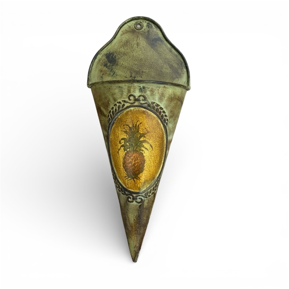 Tin Distressed Look Verdigris Cone Shape Wall Pocket Planter Pineapple Embossed